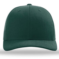 The Richardson 112 Snapback Trucker Cap by Richardson is a dark green, custom embroidered hat featuring a curved brim, cotton/polyester front, and breathable mesh back. Displayed against a white background.