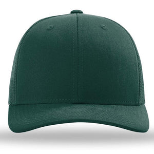 The Richardson 112 Snapback Trucker Cap by Richardson is a dark green, custom embroidered hat featuring a curved brim, cotton/polyester front, and breathable mesh back. Displayed against a white background.