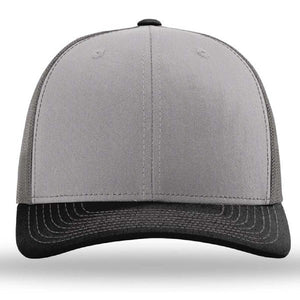 The Richardson 112 Snapback Trucker Cap by Richardson is a custom embroidered hat featuring a gray front panel, black bill and stitching, and a breathable mesh back, shown from the front.