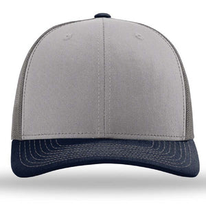 The Richardson 112 Snapback Trucker Cap, custom embroidered, features a gray front, black curved brim, visible stitching, mesh side panels, and a classic snapback closure for an adjustable fit. Brand: Richardson.