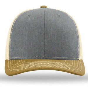 The Richardson 112 Snapback Trucker Cap is a custom embroidered hat featuring a gray front, beige mesh back and sides, and a brown bill with white stitching.