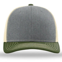 The Richardson 112 Snapback Trucker Cap by Richardson features a gray cotton/poly front, beige mesh back, and a curved green brim with white stitching. Custom embroidered for a unique look.