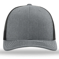 The Richardson 112 Snapback Trucker Cap is a custom embroidered gray and black hat with a curved brim, mesh back, and cotton/polyester blend, shown from the front.