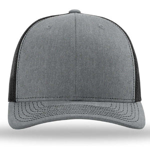 The Richardson 112 Snapback Trucker Cap is a custom embroidered gray and black hat with a curved brim, mesh back, and cotton/polyester blend, shown from the front.