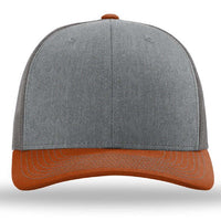 The Richardson 112 Snapback Trucker Cap by Richardson features a grey front, curved brown brim, and mesh back, custom embroidered and displayed from the front on a white background.