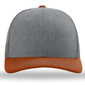 The Richardson 112 Snapback Trucker Cap by Richardson features a grey front, curved brown brim, and mesh back, custom embroidered and displayed from the front on a white background.