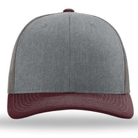 The Richardson 112 Snapback Trucker Cap by Richardson is a grey cotton/polyester hat with a maroon brim and button, custom embroidered, featuring a snapback closure, displayed front-facing on a white background.