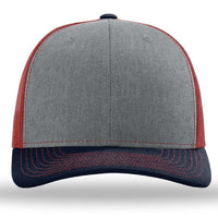 The Richardson 112 Snapback Trucker Cap by Richardson is a custom embroidered gray cotton/polyester hat with a dark blue bill, red stitching, and a red mesh back, shown from the front.