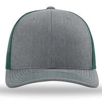 The Richardson 112 Snapback Trucker Cap by Richardson features a gray front with green mesh sides and back, made from a cotton/polyester blend. Shown from the front on a plain white background. Custom embroidered hat.