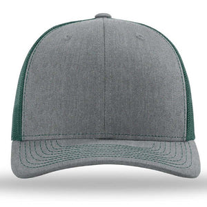 The Richardson 112 Snapback Trucker Cap by Richardson features a gray front with green mesh sides and back, made from a cotton/polyester blend. Shown from the front on a plain white background. Custom embroidered hat.