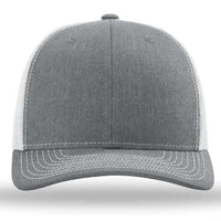 The Richardson 112 Snapback Trucker Cap is a custom embroidered hat featuring a gray cotton/polyester front, white stitching, and a white mesh back, shown from the front against a plain background.