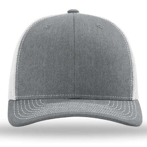 The Richardson 112 Snapback Trucker Cap is a custom embroidered hat featuring a gray cotton/polyester front, white stitching, and a white mesh back, shown from the front against a plain background.