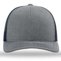 Front view of the Richardson 112 Snapback Trucker Cap by Richardson, featuring a grey cotton/polyester front, custom embroidery, curved brim, and dark mesh back panels.