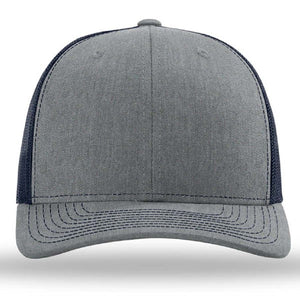 Front view of the Richardson 112 Snapback Trucker Cap by Richardson, featuring a grey cotton/polyester front, custom embroidery, curved brim, and dark mesh back panels.
