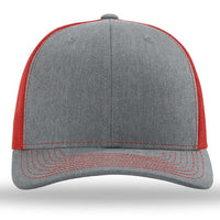 The Richardson 112 Snapback Trucker Cap features a gray and red design with red stitching, mesh back, snapback closure, curved brim, and custom embroidery. Shown from the front on a plain background.