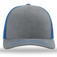 The Richardson 112 Snapback Trucker Cap by Richardson is shown from the front, featuring gray fabric, blue mesh side panels, and blue stitching on the brim.
