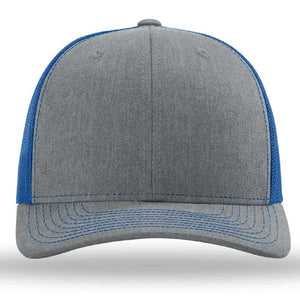 The Richardson 112 Snapback Trucker Cap by Richardson is shown from the front, featuring gray fabric, blue mesh side panels, and blue stitching on the brim.