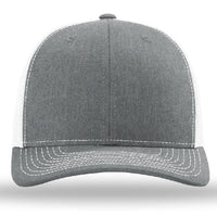 The Richardson 112 Snapback Trucker Cap by Richardson is a gray and white mesh-back hat with white stitching, custom embroidered, shown from the front on a plain background.