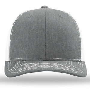 The Richardson 112 Snapback Trucker Cap by Richardson is a gray and white mesh-back hat with white stitching, custom embroidered, shown from the front on a plain background.
