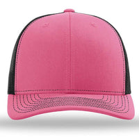 The Richardson 112 Snapback Trucker Cap by Richardson is a pink hat with black mesh back panels and a classic snapback closure, available as a custom embroidered hat.