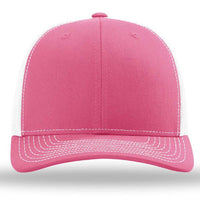 The Richardson 112 Snapback Trucker Cap by Richardson is a pink and white custom embroidered hat featuring white stitching and a mesh back, shown from the front against a plain background.