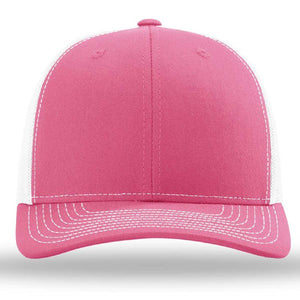 The Richardson 112 Snapback Trucker Cap by Richardson is a pink and white custom embroidered hat featuring white stitching and a mesh back, shown from the front against a plain background.