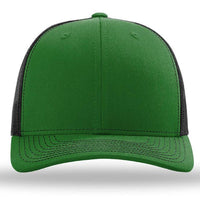 The Richardson 112 Snapback Trucker Cap, a custom embroidered hat with a green front, curved brim, and black mesh back, is crafted from cotton/polyester and shown from the front against a white background.