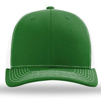 The Richardson 112 Snapback Trucker Cap by Richardson is a green and white custom embroidered hat, featuring white stitching and a breathable mesh back, shown from the front.