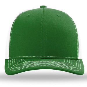 The Richardson 112 Snapback Trucker Cap by Richardson is a green and white custom embroidered hat, featuring white stitching and a breathable mesh back, shown from the front.