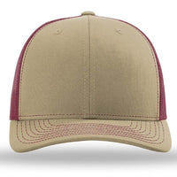 The Richardson 112 Snapback Trucker Cap features a tan front, maroon mesh back panels, a curved brim, and is made from a cotton/polyester blend. Custom embroidered; shown from the front.