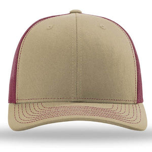 The Richardson 112 Snapback Trucker Cap features a tan front, maroon mesh back panels, a curved brim, and is made from a cotton/polyester blend. Custom embroidered; shown from the front.