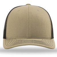 The Richardson 112 Snapback Trucker Cap by Richardson features a beige cotton/polyester front panel and bill, with black mesh back and sides, shown from the front. Custom embroidery available.