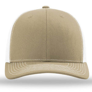 The Richardson 112 Snapback Trucker Cap by Richardson is a tan and white hat with white stitching, a curved brim, mesh back panel, and a comfortable cotton/polyester blend—custom embroidered for all-day wear.