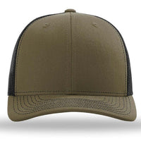 Front view of the Richardson 112 Snapback Trucker Cap by Richardson in olive green, featuring a custom embroidered design, black mesh back, and curved brim. Cotton/polyester blend.