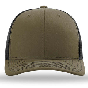 Front view of the Richardson 112 Snapback Trucker Cap by Richardson in olive green, featuring a custom embroidered design, black mesh back, and curved brim. Cotton/polyester blend.