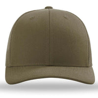 The Richardson 112 Snapback Trucker Cap by Richardson is a custom embroidered hat in plain olive green, featuring a curved brim and mesh back, made from cotton/polyester and shown against a white background.