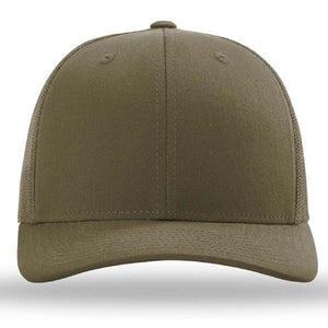 The Richardson 112 Snapback Trucker Cap by Richardson is a custom embroidered hat in plain olive green, featuring a curved brim and mesh back, made from cotton/polyester and shown against a white background.