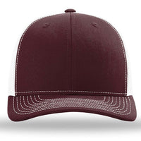 The Richardson 112 Snapback Trucker Cap by Richardson features custom embroidery, a maroon and white design, mesh back panels, white stitching, a classic snapback closure, and durable cotton/polyester blend—shown front view.