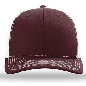 The Richardson 112 Snapback Trucker Cap by Richardson features custom embroidery, a maroon and white design, mesh back panels, white stitching, a classic snapback closure, and durable cotton/polyester blend—shown front view.