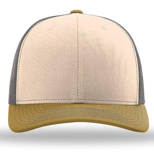 The Richardson 112 Snapback Trucker Cap - Custom Embroidered Hat features a beige front, curved tan brim, gray mesh sides and back, and an adjustable snapback closure.