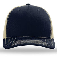 The Richardson 112 Snapback Trucker Cap is a navy blue custom embroidered hat with a cotton/polyester front, beige mesh sides and back, and white stitching on the front and bill, shown from the front.