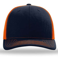 The Richardson 112 Snapback Trucker Cap by Richardson features a navy blue front and bill, orange side panels with matching stitching, and is made from a comfortable cotton/polyester blend. Custom embroidery available.