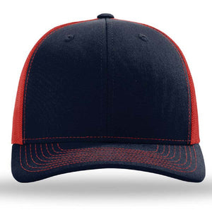 The Richardson 112 Snapback Trucker Cap by Richardson is shown from the front in black with red stitching and mesh back panels, made from a cotton/polyester blend and custom embroidered.