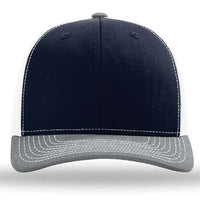 The Richardson 112 Snapback Trucker Cap by Richardson features navy blue and white panels, a gray curved bill, white stitching, classic mesh back, and front custom embroidery.