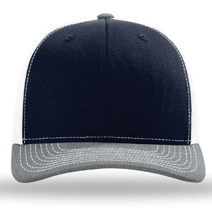 The Richardson 112 Snapback Trucker Cap by Richardson features navy blue and white panels, a gray curved bill, white stitching, classic mesh back, and front custom embroidery.