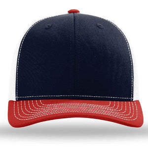 The Richardson 112 Snapback Trucker Cap by Richardson features a navy blue front, white mesh back and sides, and a red curved brim, shown from the front view. Custom embroidered design available.
