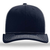 The Richardson 112 Snapback Trucker Cap by Richardson is a black and white custom embroidered hat featuring white stitching and a mesh back, shown from the front.
