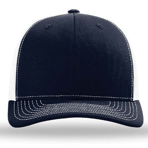 The Richardson 112 Snapback Trucker Cap by Richardson is a black and white custom embroidered hat featuring white stitching and a mesh back, shown from the front.