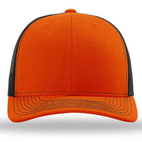 The Richardson 112 Snapback Trucker Cap features an orange cotton/polyester front, black mesh side panels, and black stitching on the visor, shown from the front. Custom embroidery available.