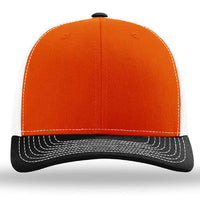 The Richardson 112 Snapback Trucker Cap features an orange front, white cotton/polyester mesh back and sides, and a black curved bill with white stitching. Custom embroidery available.